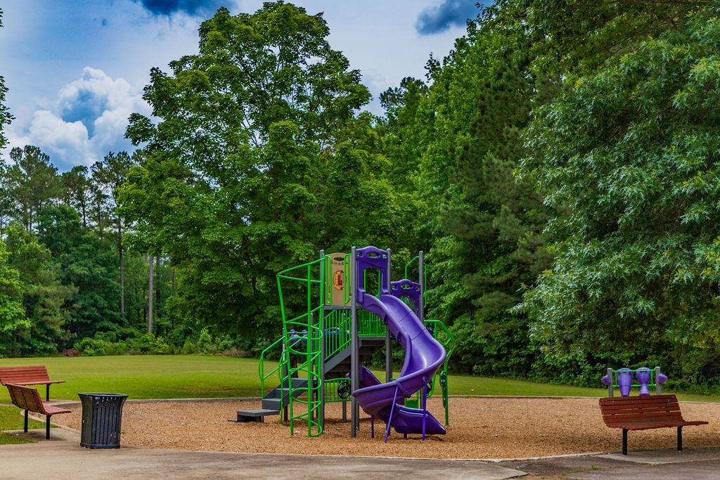 Playground-with-purple-slide-and-green-structure-surrounded-by-trees