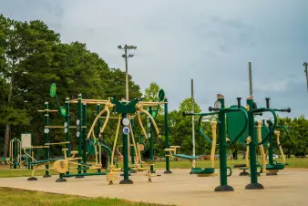 Outdoor fitness equipment in a park, featuring various workout stations surrounded by green trees under a cloudy sky